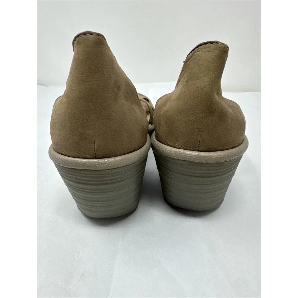 Fly London Yadi Taupe Leather Slip on Cutout Peep-toe Wedge Sandals 39 8 8.5